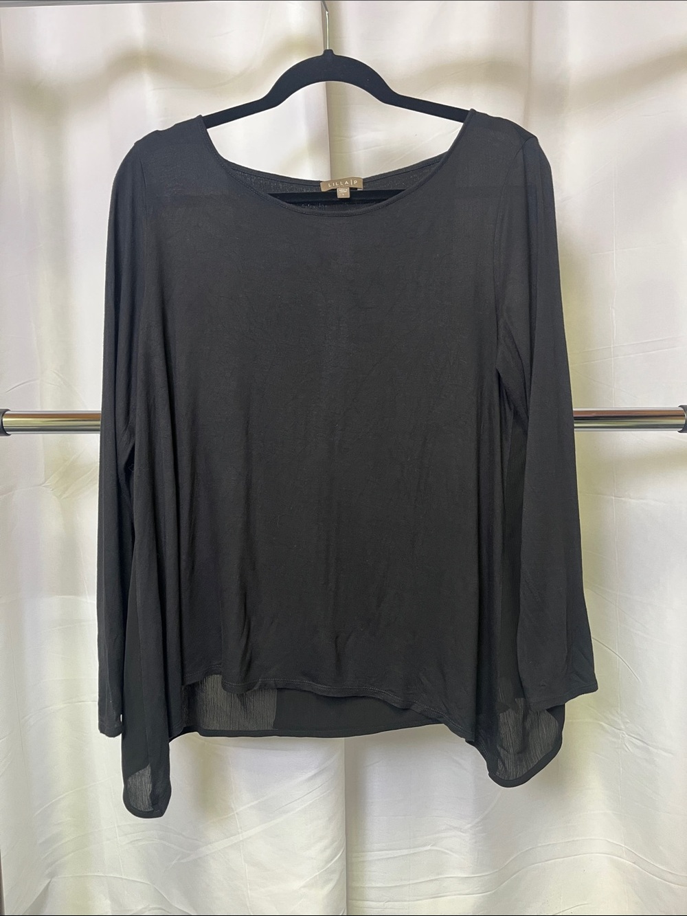Lilla P women’s Black Long-Sleeve Layered Hem Top sheer asymmetrical back L
